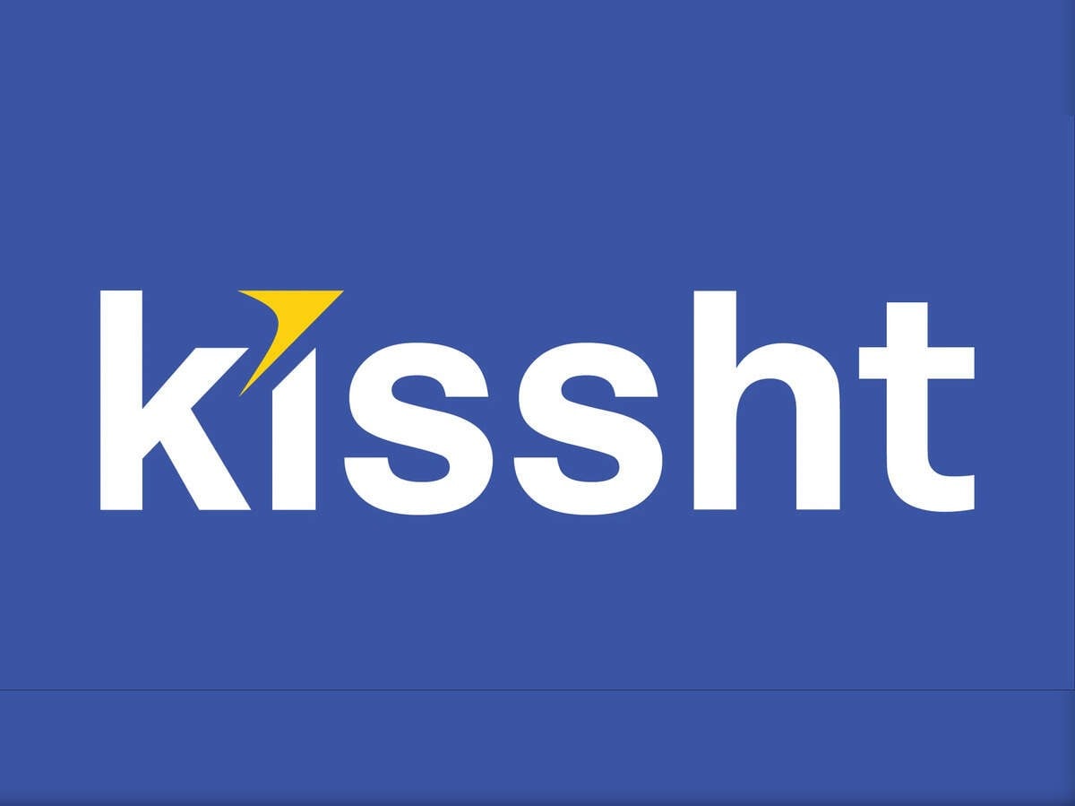 Kissht logo in white with a yellow accent on a blue background